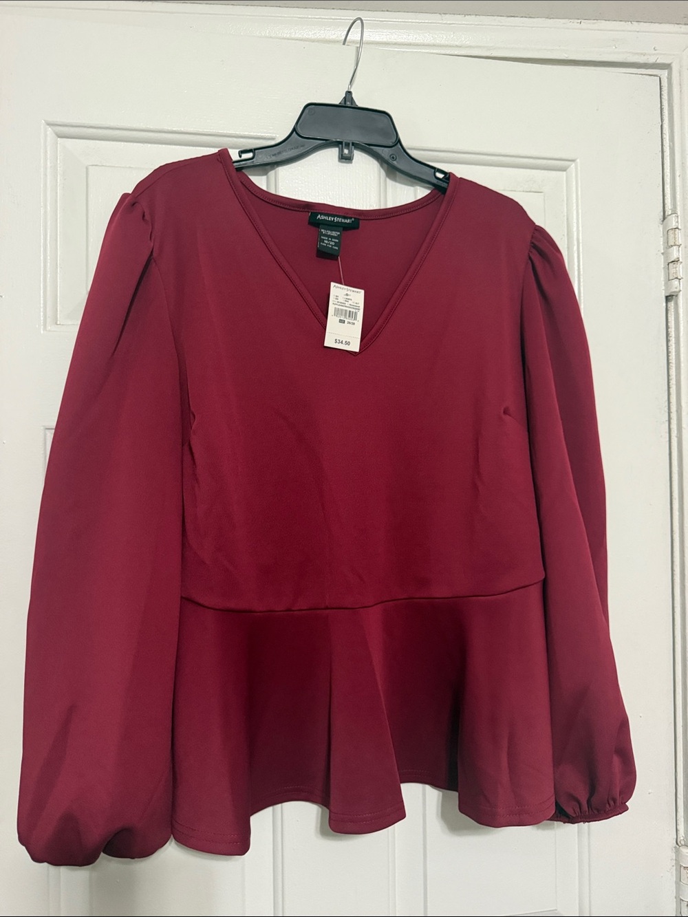 Ashley Stewart Burgundy V-Neck Peplum Blouse